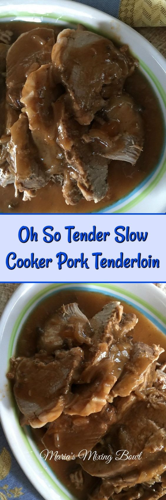 pork tenderloin smothered in gravy on a platter on table