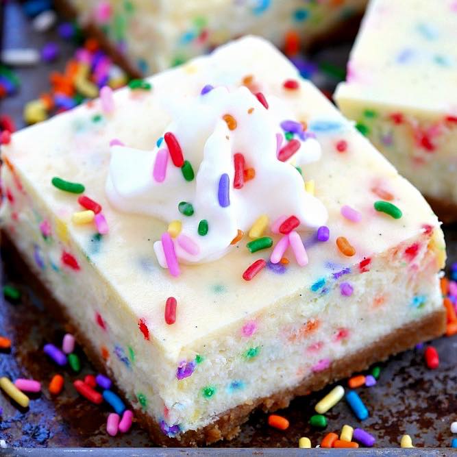 FUNFETTI VANILLA BEAN CHEESECAKE BARS - Maria's Mixing Bowl