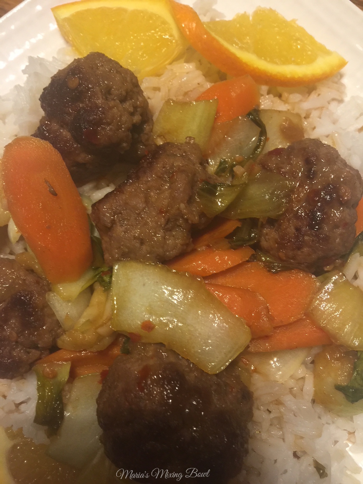 Orange Glazed Ginger Meatballs over Jasmine Rice