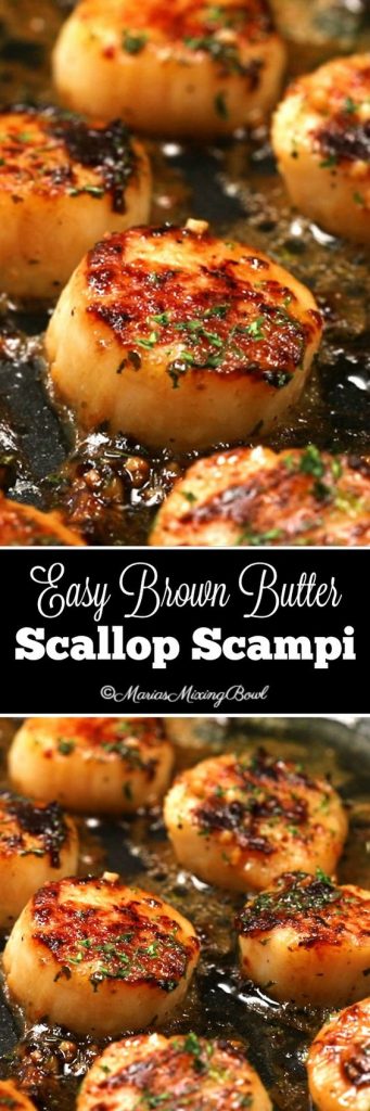 Brown Butter Scallop Scampi in pan with fresh herbs sprinkled on top 