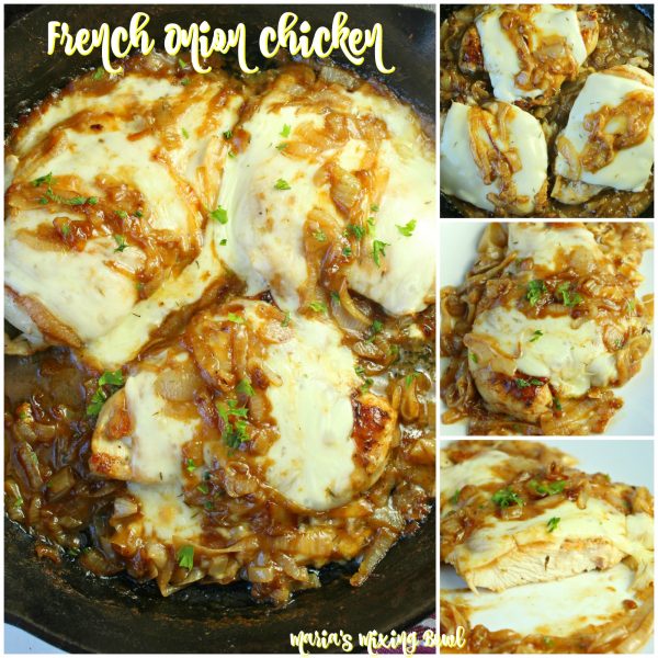 Collage of various shots of onion chicken. 