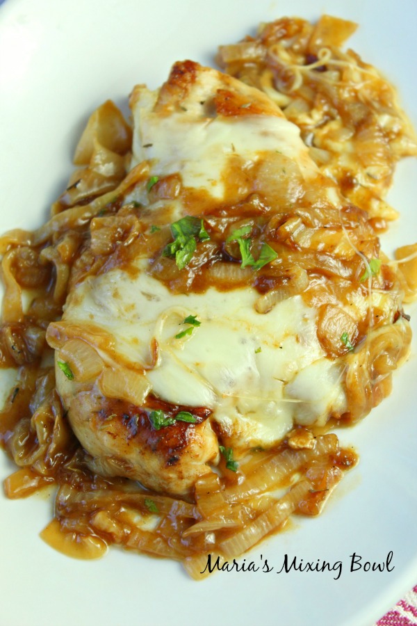 Overhead shot of French Onion Chicken on white plate