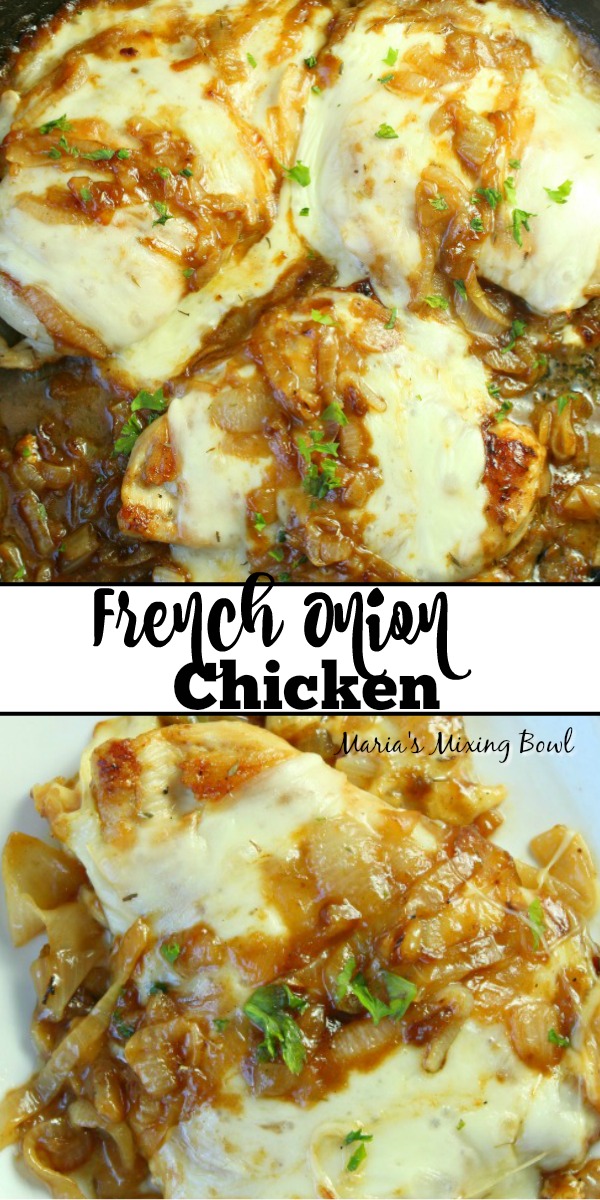 Collage with French Onion Chicken in gravy at top and chicken on plate at bottom