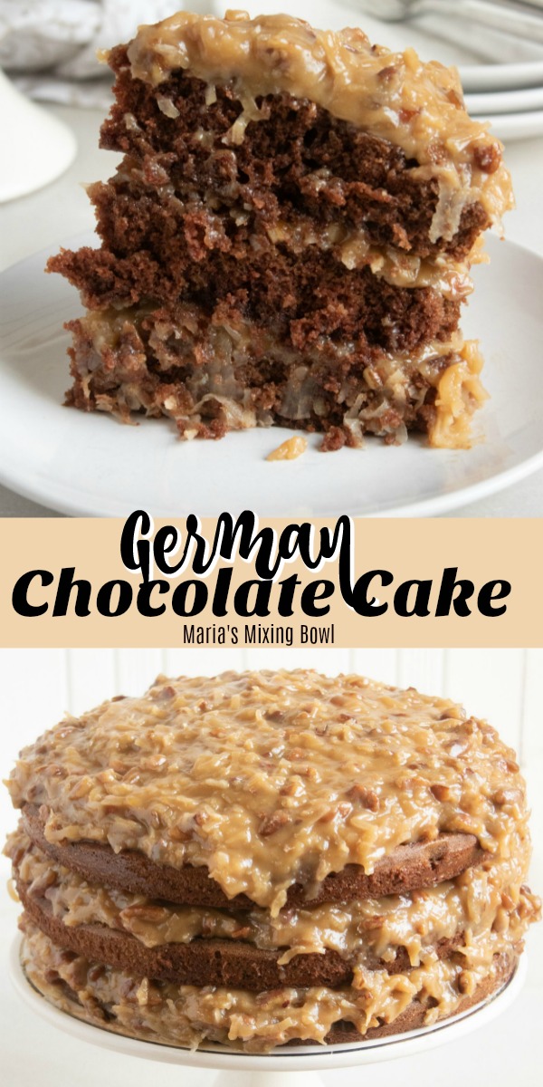 Collage of German chocolate cake with frosting on top 