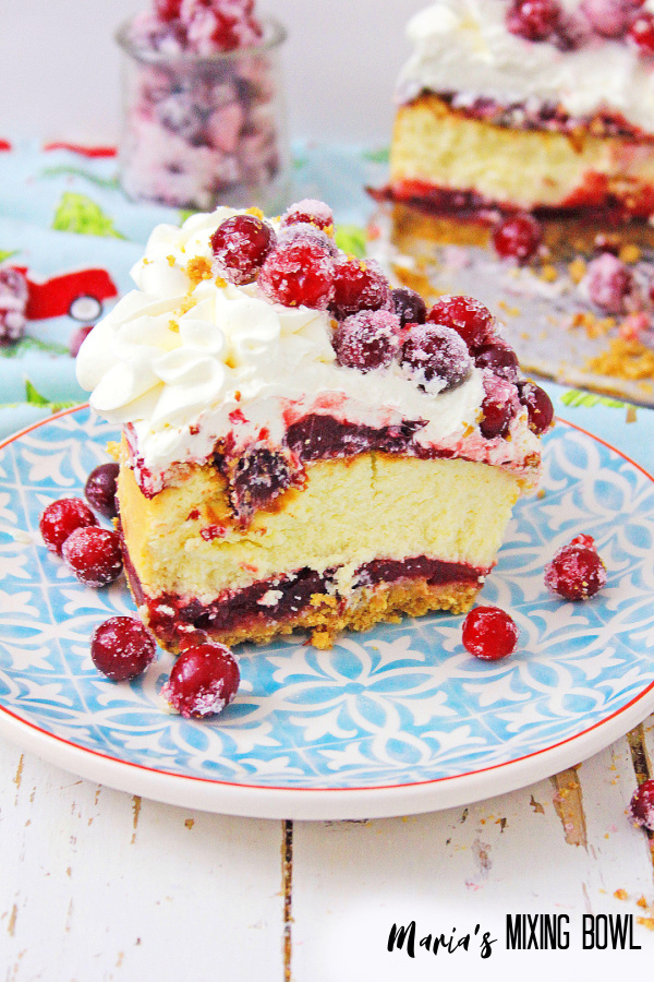 holiday cheesecake on a blue and white dish with cranberries on it