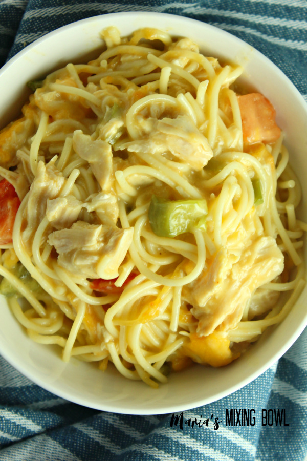 spaghetti in a white bowl on a blue and white striped towel 