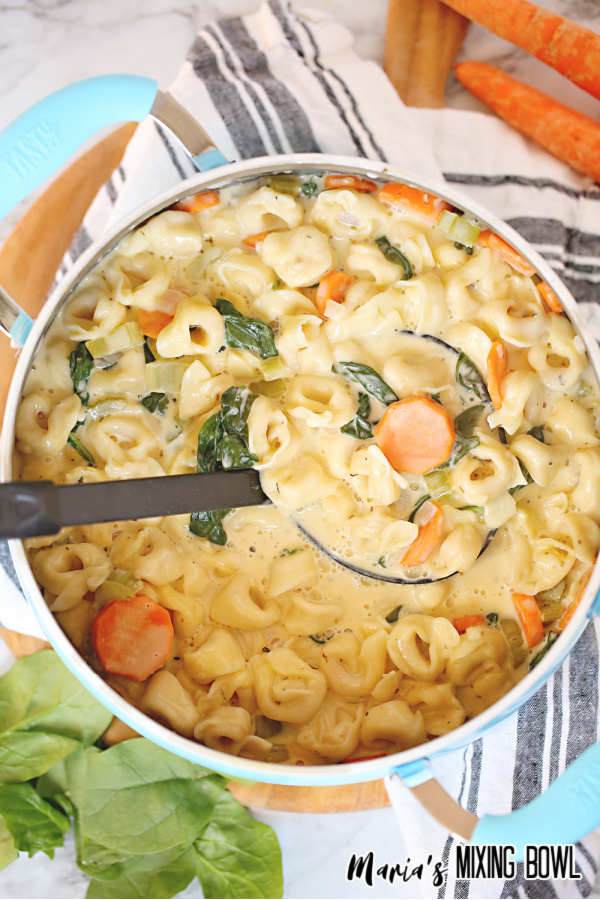 soup in a pot with a black ladle and a white and grey stripe napkin