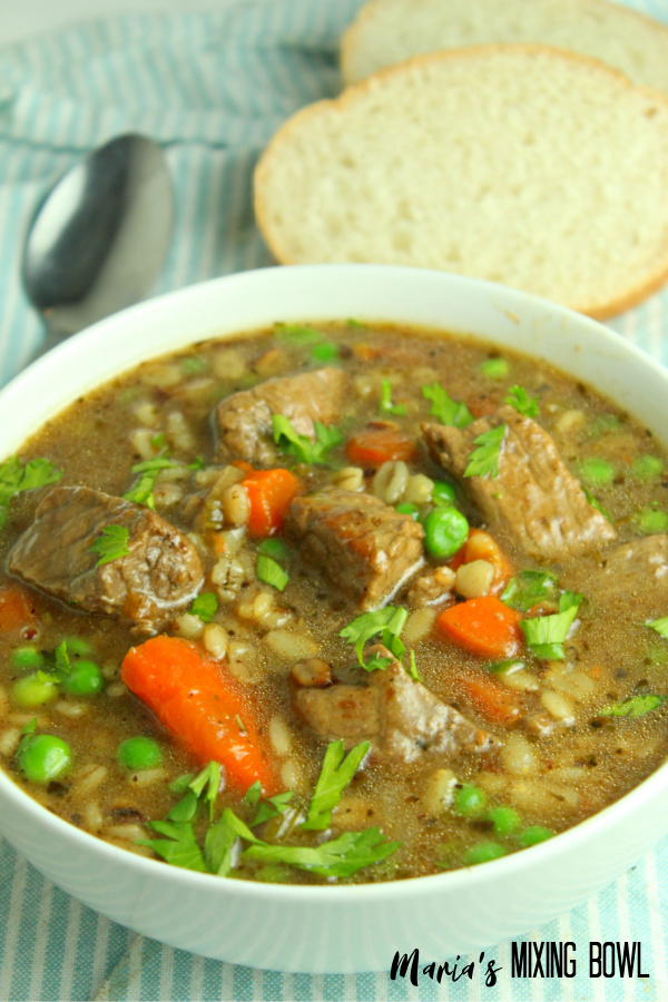 bowl of beef soup with bread slices