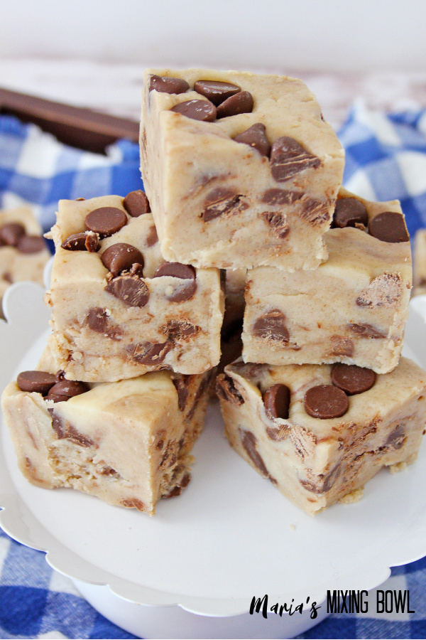 fudge on a white plate with a blue and white check napkin