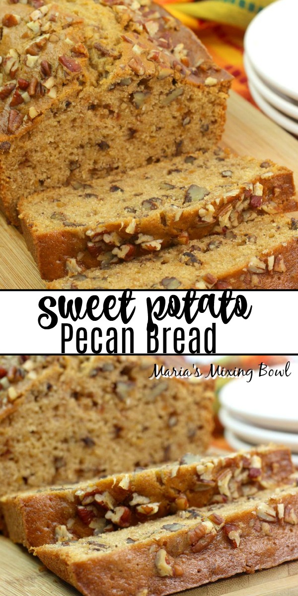 Sweet Potato Pecan Bread collage showing the bread sliced on a cutting board 
