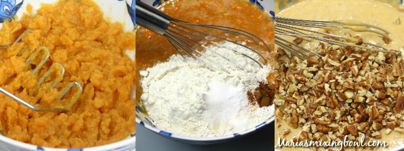 collage of how to make sweet potato bread with images of the prep