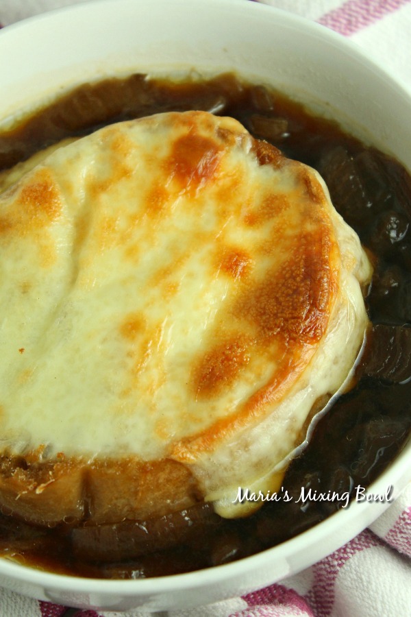 French onion soup in white bowl