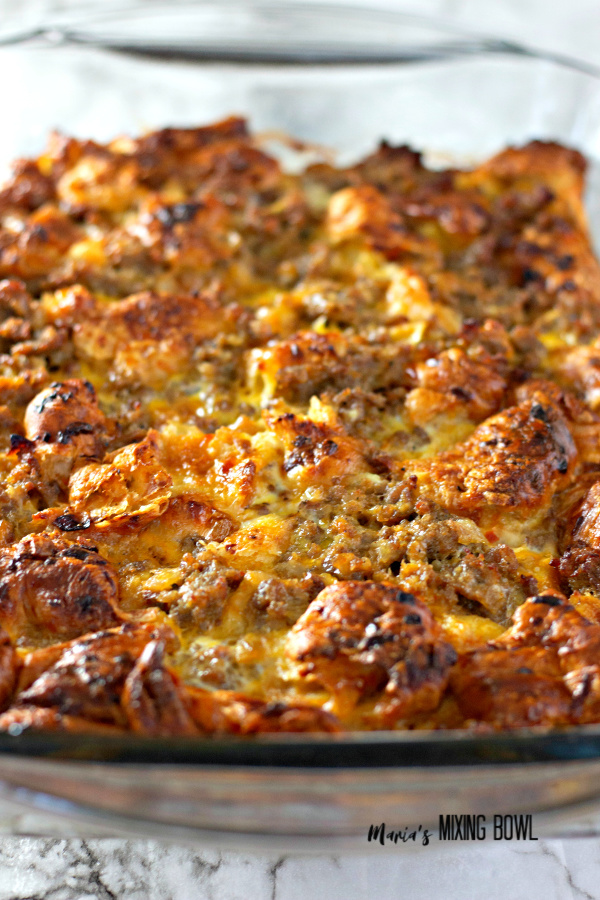 Overnight Croissant Breakfast Casserole Bake with Gravy just out of the oven. So good!