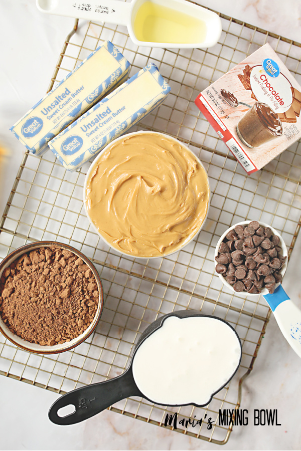Simple ingredients for chocolate peanut butter cake recipe