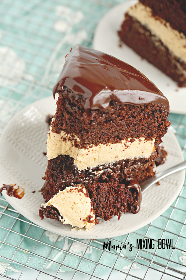 Chocolate Peanut Butter Cake Recipe on fork