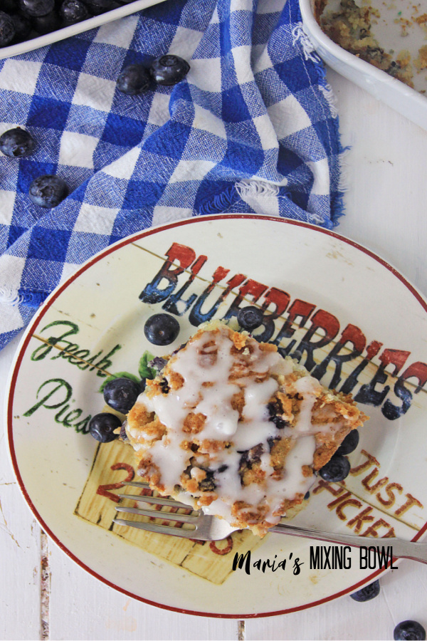 Blueberry Muffin Cake with blue and white check napkin