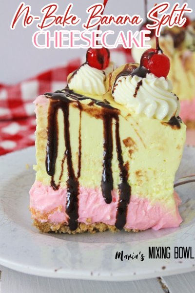 No- Bake Banana Split Cheesecake with red and white check napkin