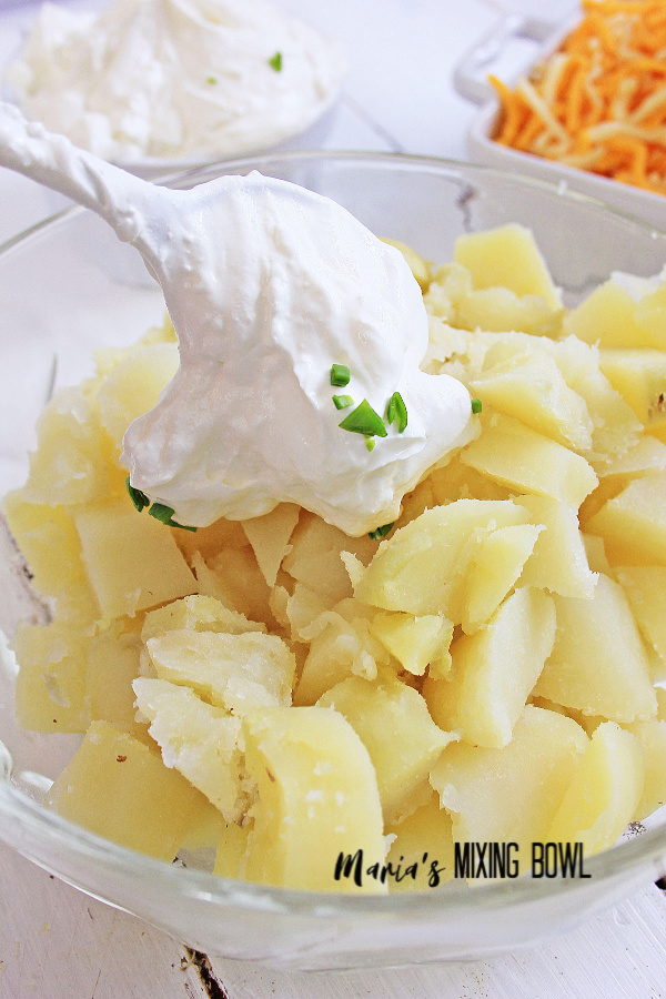 Loaded Potato Salad with sour cream mayo mixture