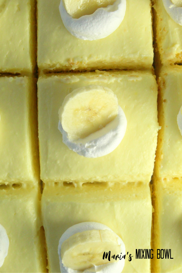 Banana Cream Cheesecake Bars cut and ready to be served!