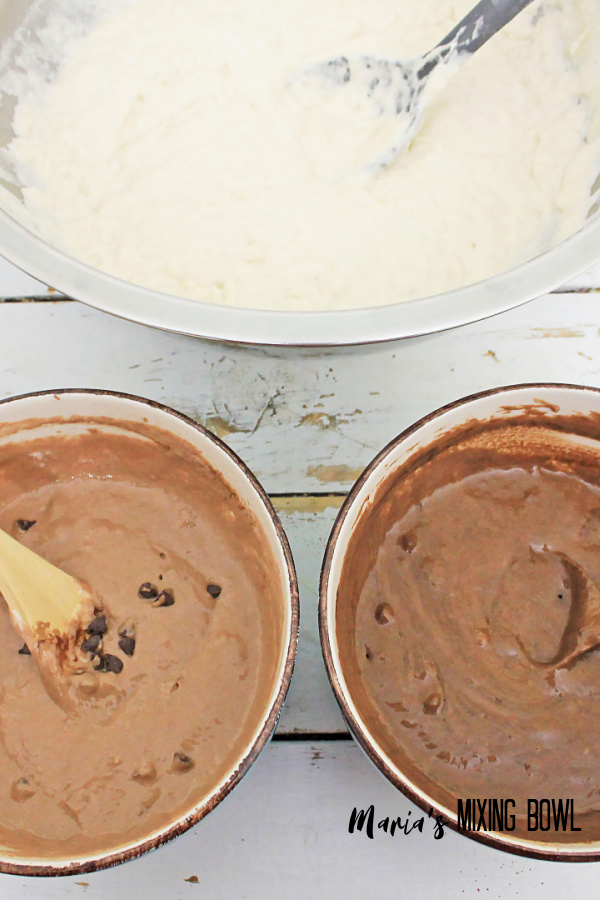 pancake batter plain, chocolate and dark chocolate