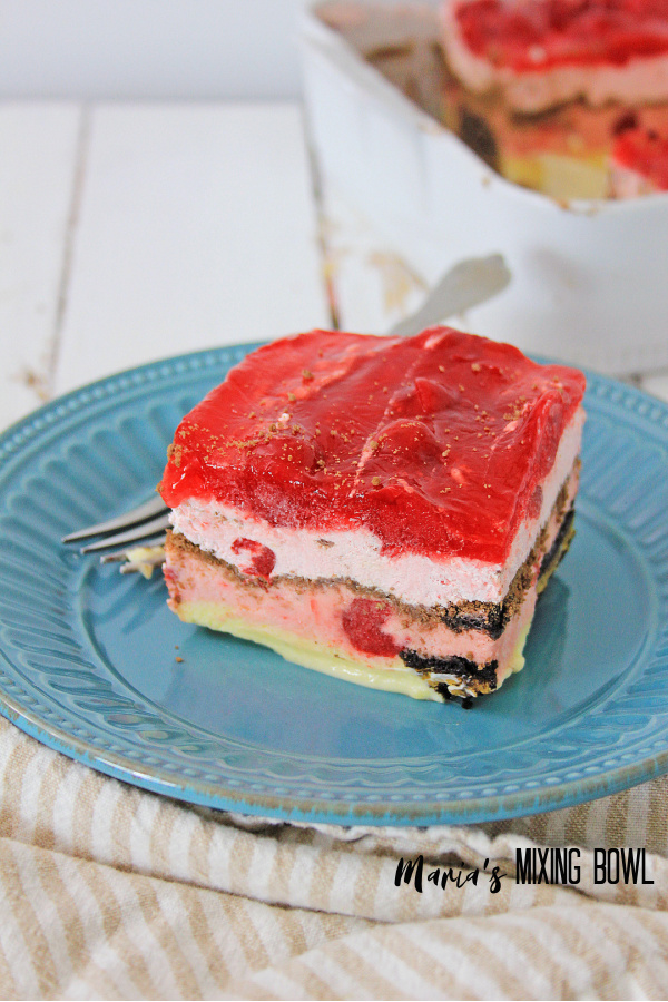 You will love this slice of Cherry Oreo Icebox cake
