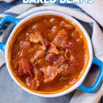 Easy Baked Beans in a blue baking dish with blue and with napkin