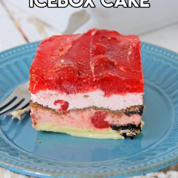 Delicious Cherry Oreo Icebox Cake is cool and refreshing on a pretty blue plate