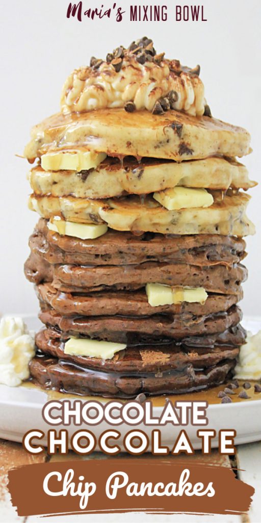 Chocolate Chocolate Chip Pancake Stack with whipped cream tipping
