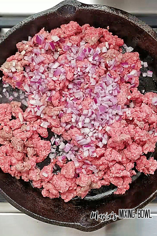 ground beef and onion in a skillet