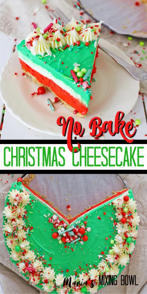Christmas colored cheesecake on white plate