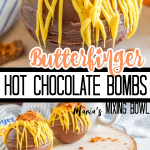 chocolate bombs filled with hot chocolate and butterfinger candy with yellow candy melts and topped with butterfinger