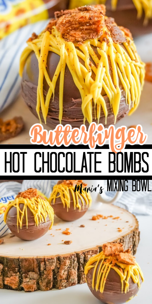 chocolate bombs filled with hot chocolate and butterfinger candy with yellow candy melts and topped with butterfinger