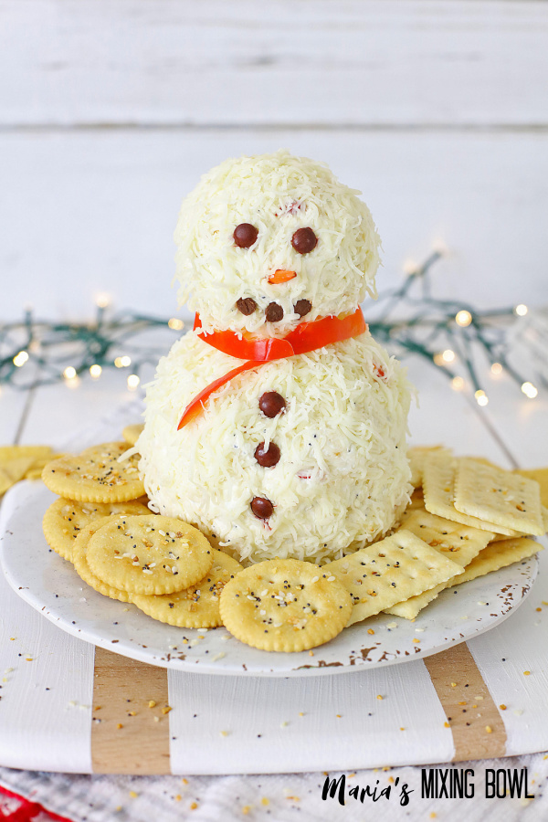 Christmas appetizer with cracckers on a white plate, white lights