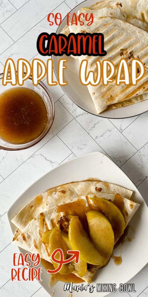 Two plates with caramel apple wraps and extra caramel in bowl.