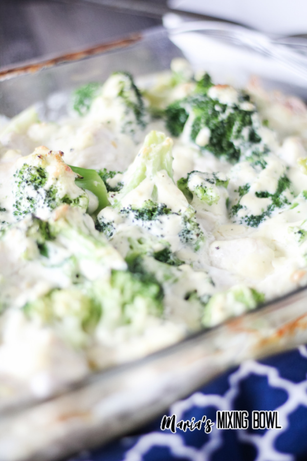 Chicken and broccoli casserole in glass baking dish
