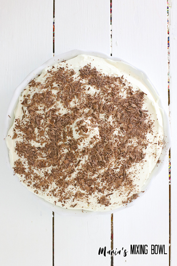 Overhead shot of chocolate layer pie on table
