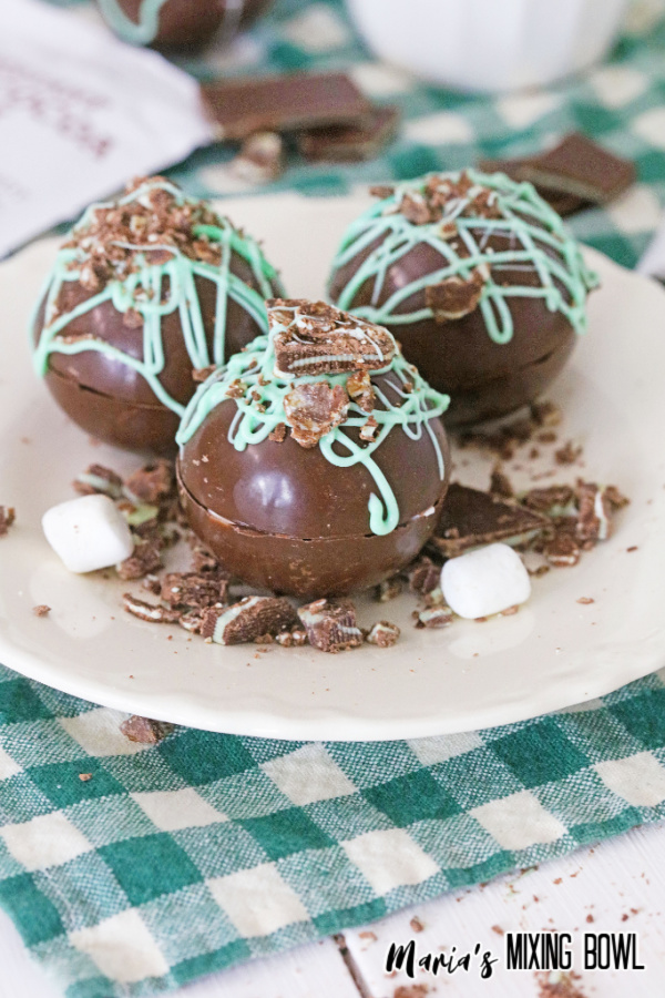 Andes Mint hot cocoa bombs on white plate