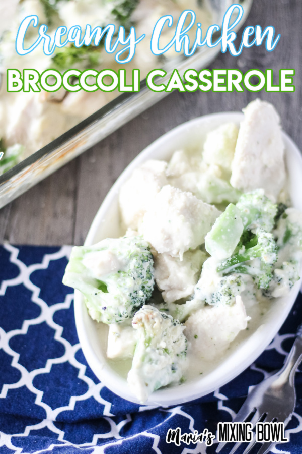 Overhead shot of creamy chicken and broccoli casserole in white dish.