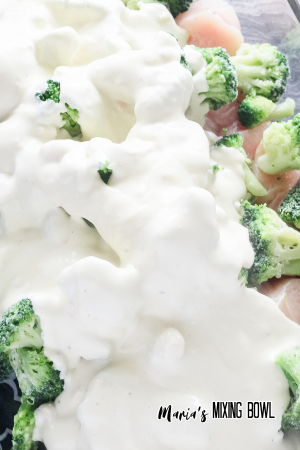 Creamy sauce poured over top of broccoli and chicken