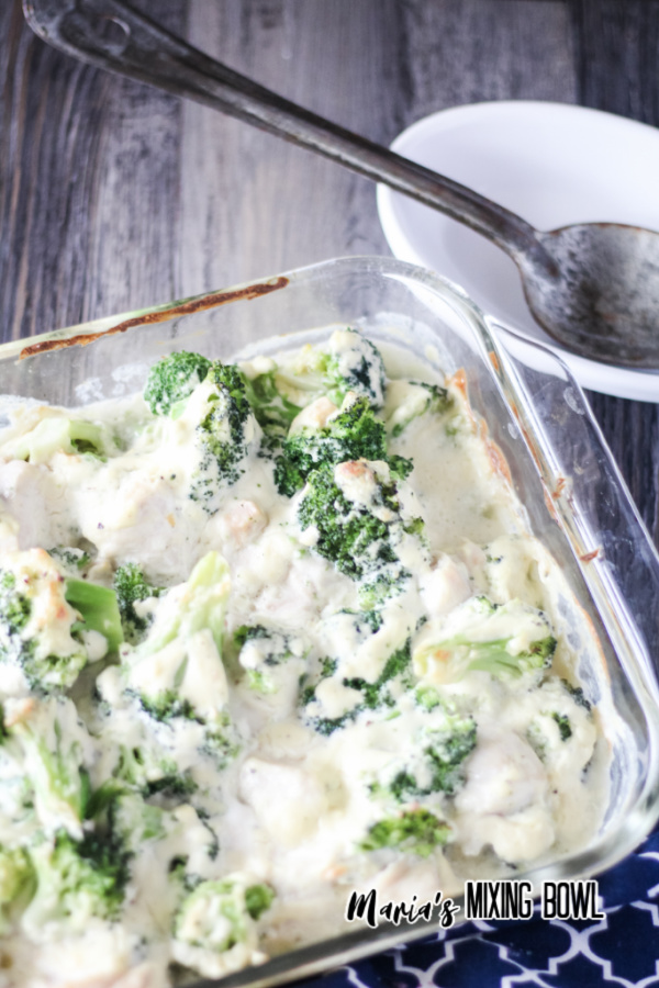 Creamy chicken and broccoli bake in glass baking dish