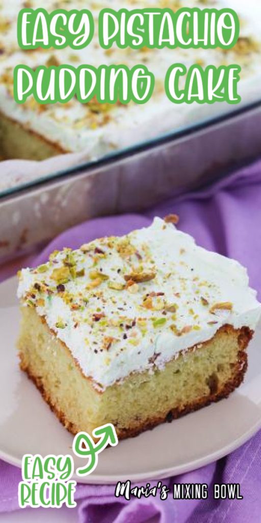 Easty pistachio pudding cake on white plate with more cake in glass baking dish in background.