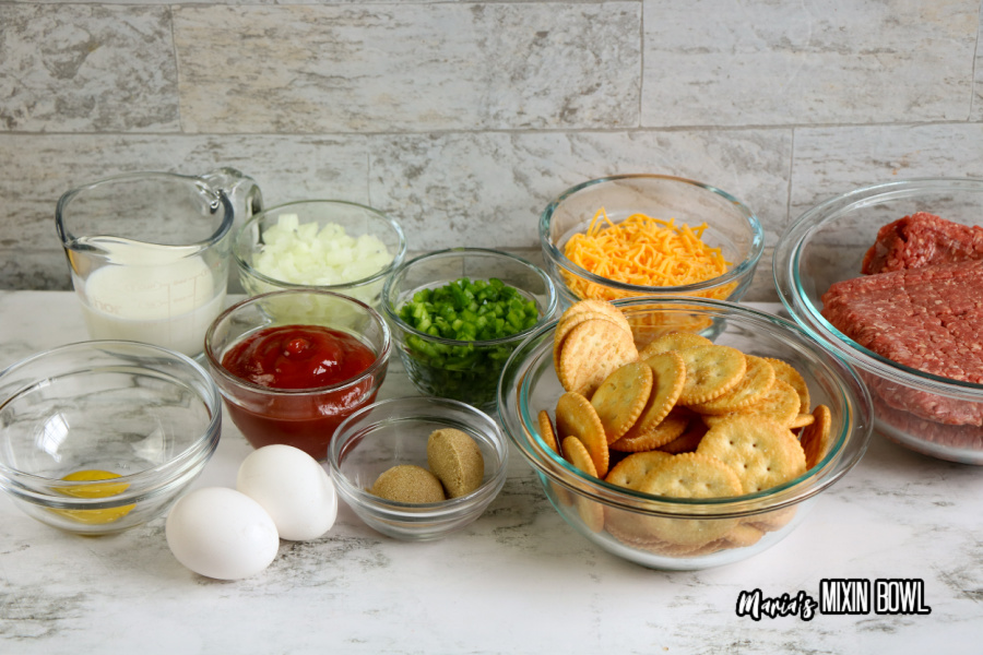 Ingredients for copycat cracker barrle meatloaf on counter
