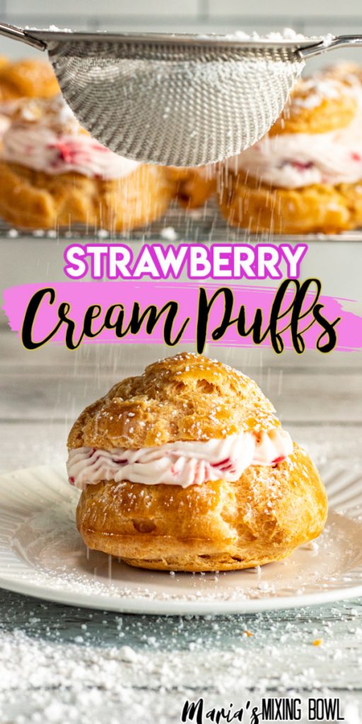 Sifter being used to sprikle powdered sugar on puff with more puffs in background