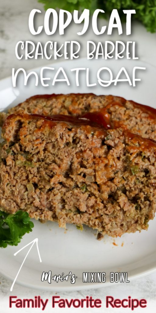 Closeup shot of two slices of meatloaf on white plate