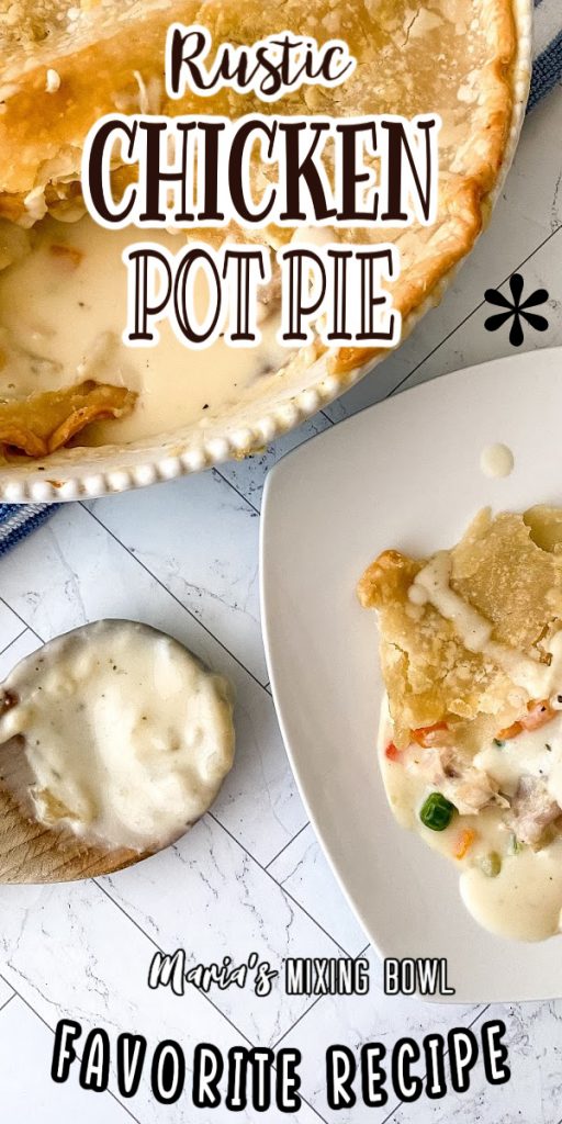 Overhead closeup shot of pot pie in pie plate with scoop removed next to plate with scoop of pot pie