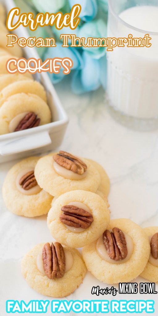 caramel pecan cookies on white table and tray