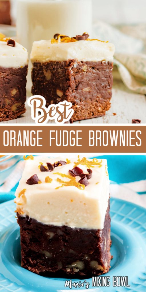 orange Fudge Brownies on white board and blue plate