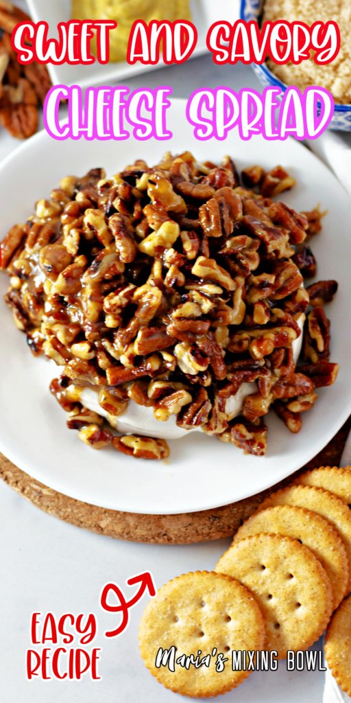 sweet and savory cheese spread with pecans on white plate