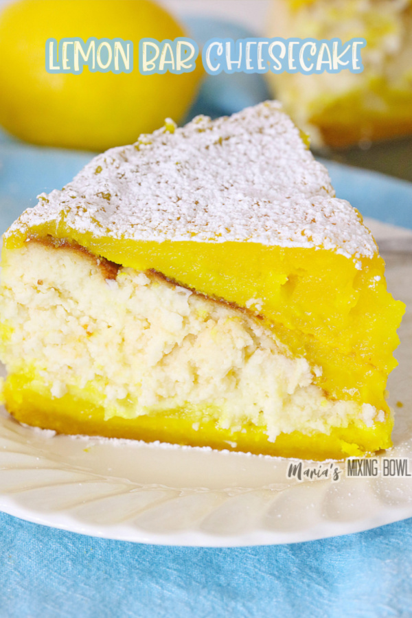 Closeup shot of slice of lemon bar cheesecake on white plate