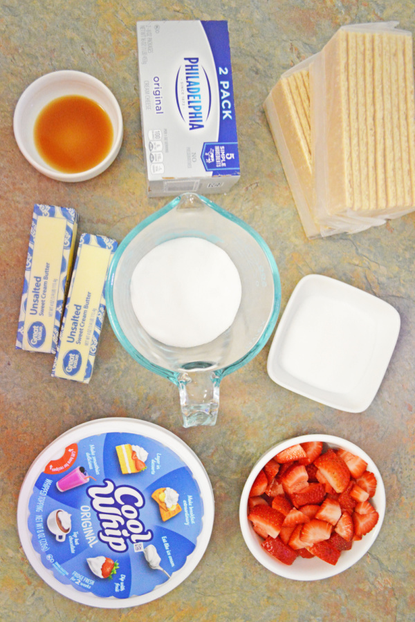 Overhead shot of ingredients for no bake strawberry cheesecake bars